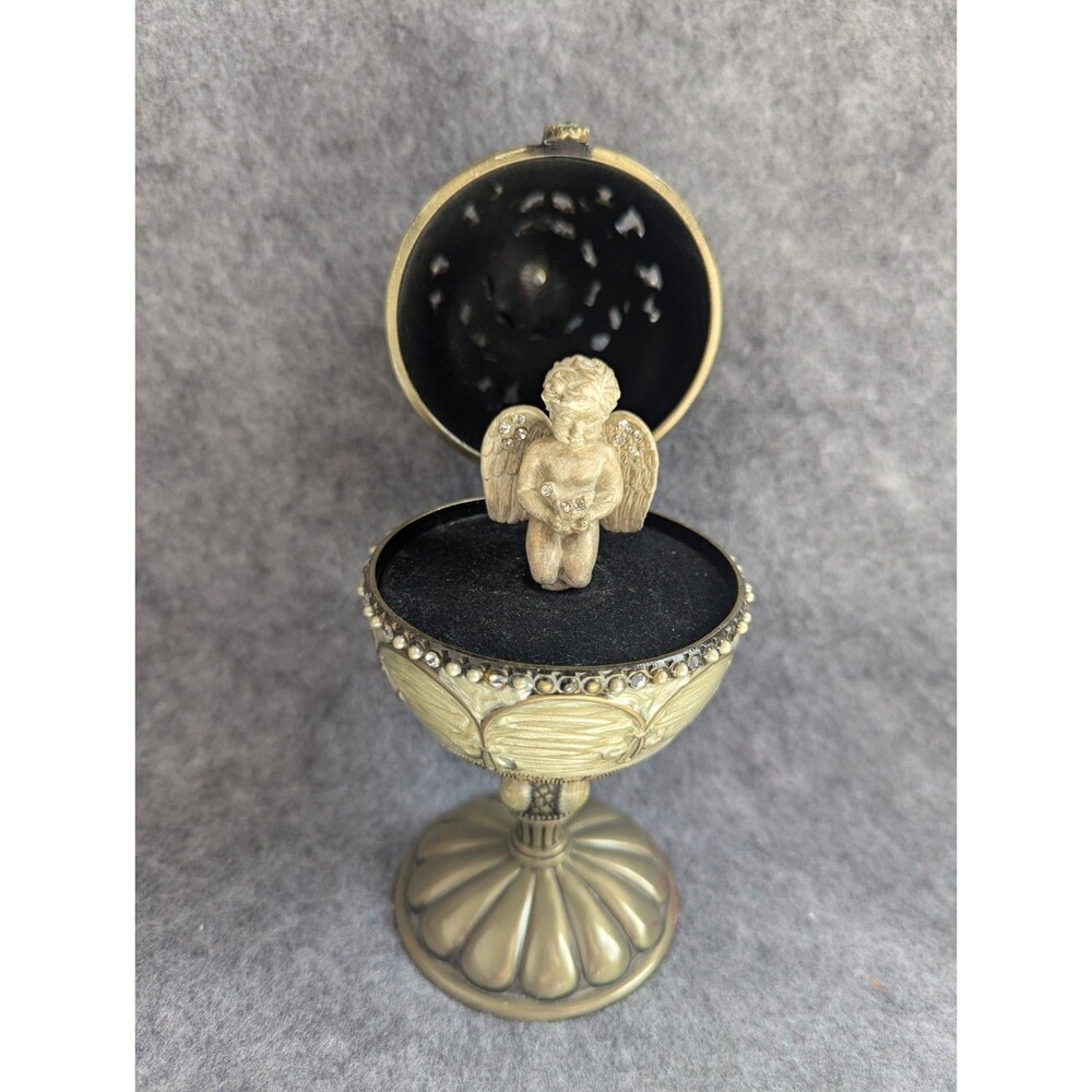 Decorative Egg Music Box Pewter & Emerald Cupid Angel Swivels Plays Music